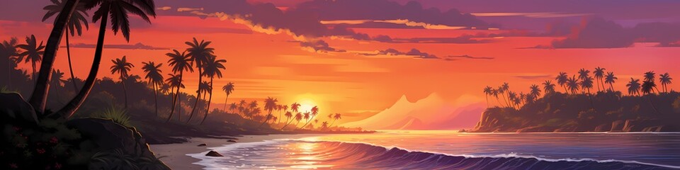 Nestled between towering cliffs, a hidden paradise beach reveals its beauty at sunset. The sky is ablaze with fiery hues, mirrored in the calm ocean waters below.  - obrazy, fototapety, plakaty