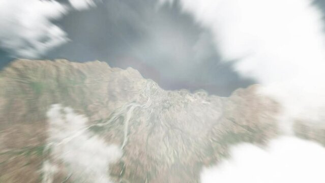 Earth zoom in from space to Manatuto, Timor-Leste. Followed by zoom out through clouds and atmosphere into space. Satellite view. Travel intro. Images from NASA