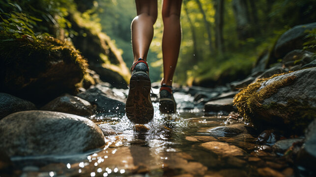 Adventure and exploration, back to nature and offline lifestyle concepts. A hiker feet walking in water, stream, in a forest - The woman is walking in the beautiful forest, walking on a watery trail.