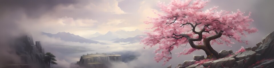 Perched on a rocky precipice, a solitary cherry blossom tree stands as a symbol of beauty and...