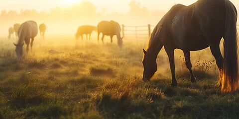 A group of horses are outside grazing and eating grass sunset - obrazy, fototapety, plakaty