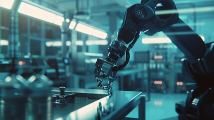The excitement of robotics with an image of a robot arm assembling or manipulating objects in a laboratory or factory setting - obrazy, fototapety, plakaty