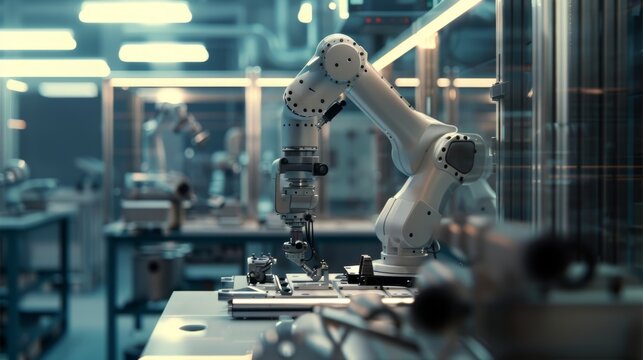 The excitement of robotics with an image of a robot arm assembling or manipulating objects in a laboratory or factory setting