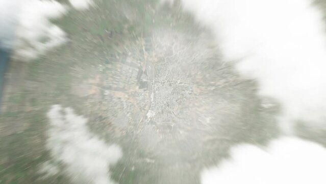 Earth zoom in from space to Tulkarm, Palestine. Followed by zoom out through clouds and atmosphere into space. Satellite view. Travel intro. Images from NASA