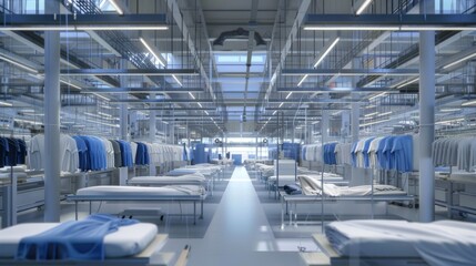 Clothing factory. An automated garment manufacturing facility revolutionizing the fashion sector through modern robotic techniques. 