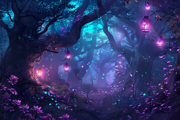 fantasy forest scene with pink lanterns