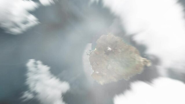 Earth zoom in from space to Georgetown, Saint Helena. Followed by zoom out through clouds and atmosphere into space. Satellite view. Travel intro. Images from NASA