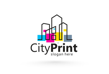 Logo Print City. СMYK Printing theme. Silhouette Buildings lines and squares style. Template design vector. White background.