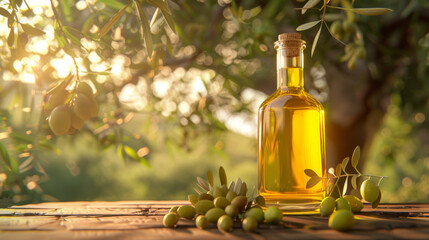 A bottle of olive oil and scattered olives sit on an old wooden table against a backdrop of a sunlit olive grove at sunset.