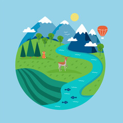 Obraz premium Happy Earth Day Banner. Vector illustration of planet Earth with nature, mountains, river, animals. Environmental safety concept for greeting card, social media post, banner, poster.