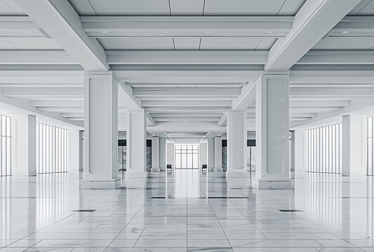 Modern office building interior with marble floor and columns