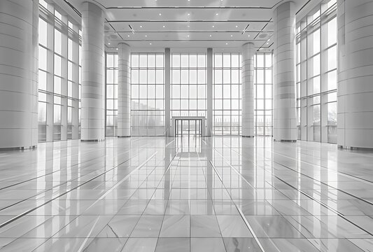 Modern office building interior with marble floor and columns, luxury business center entrance