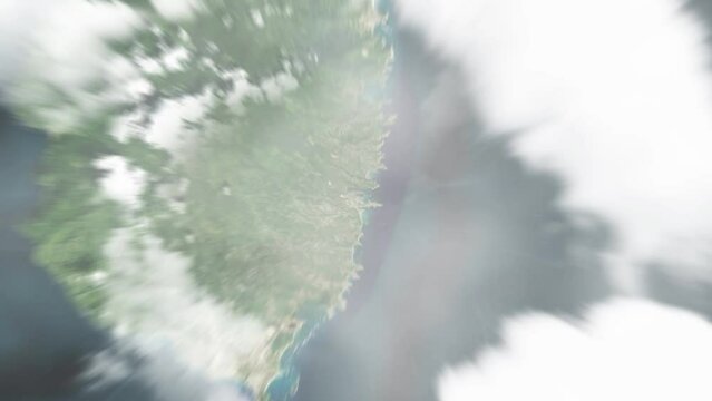 Earth zoom in from space to Micoud, Saint Lucia. Followed by zoom out through clouds and atmosphere into space. Satellite view. Travel intro. Images from NASA