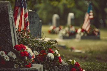 Gravestones with American flags and flowers at a cemetery.