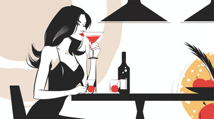 Fashion woman drinking martini in cafe vector illustration