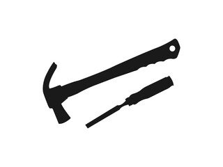 hammer And chisel silhouettes. Mine worker, using a chisel and hammer, black silhouette. vector for website design, logo, app, and ui. vector icon for web design isolated on white background.