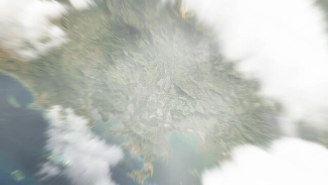 Earth zoom in from space to Paita, New Caledonia. Followed by zoom out through clouds and atmosphere into space. Satellite view. Travel intro. Images from NASA