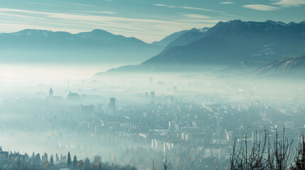 A panoramic view of a city covered in smog as seen from the mountains - obrazy, fototapety, plakaty