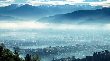 A panoramic view of a city covered in smog as seen from the mountains - obrazy, fototapety, plakaty