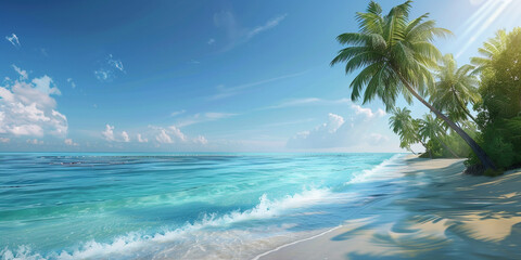 A image of a tropical beach paradise with palm trees, turquoise waters, and white sandy beaches,...