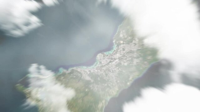 Earth zoom in from space to Tamuning, Guam. Followed by zoom out through clouds and atmosphere into space. Satellite view. Travel intro. Images from NASA