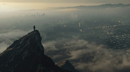 A city covered in smog with a single person standing on a mountaintop looking down - obrazy, fototapety, plakaty