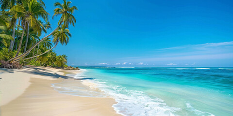 beach with palm tree, A image of a tropical beach paradise with palm trees, turquoise waters, and...