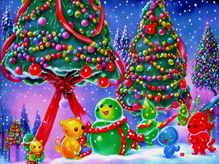 Cute Slime Creatures Christmas, Oil Painting