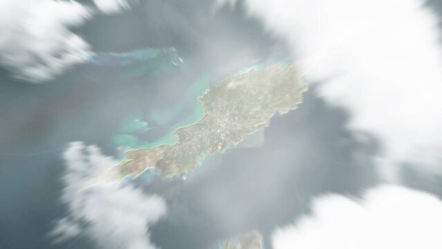 Earth zoom in from space to The Valley, Anguilla. Followed by zoom out through clouds and atmosphere into space. Satellite view. Travel intro. Images from NASA