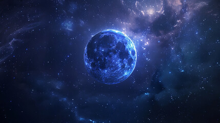 A mesmerizing and vibrant blue planet surrounded by a galaxy of stars, symbolizing mystery and the infinite universe