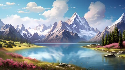 Majestic mountain peaks embracing a crystal-clear alpine lake, where the reflection mirrors the beauty of the blooming meadows in a perfect spring harmony