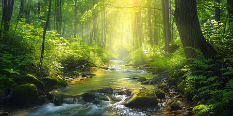 forest in the morning, A image of a tranquil forest stream flowing gently through a green forest, with sunlight filtering through the tree