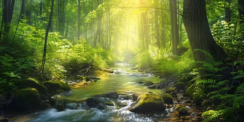  forest in the morning, A image of a tranquil forest stream flowing gently through a green forest, with sunlight filtering through the tree © Yasir