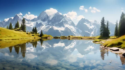 Foto op Canvas Majestic mountain peaks embracing a crystal-clear alpine lake, where the reflection mirrors the beauty of the blooming meadows in a perfect spring harmony © SHAN.