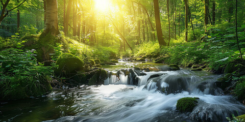A image of a tranquil forest stream flowing gently through a green forest, with sunlight filtering through the tree - obrazy, fototapety, plakaty