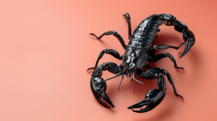 Black scorpion on a red background. Dangerous insect. Sting with poison. - obrazy, fototapety, plakaty