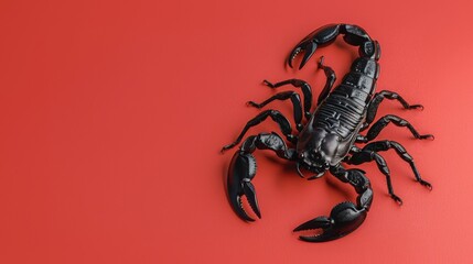 Black scorpion on a red background. Dangerous insect. Sting with poison. - obrazy, fototapety, plakaty