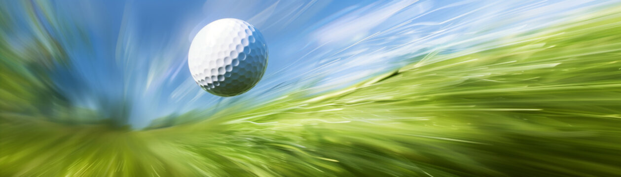 A dynamic shot of a golf ball just moments after being struck, with the club in motion blur, against a background that artistically blends green turf and blue sky.