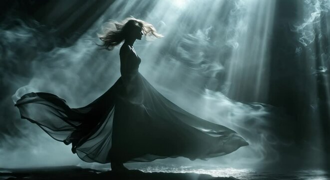 Graceful Woman Moving Elegantly Amid Shadows And Mist On Black Backdrop