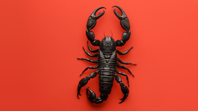 Black scorpion on a red background. Dangerous insect. Sting with poison.