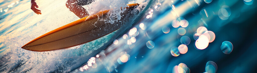 Close-up of a surfer paddling through sparkling blue ocean water - obrazy, fototapety, plakaty