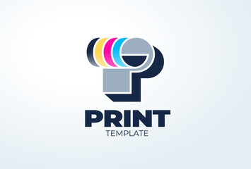 Logo Print. The letter P in the form of a twisted color CMYK paper. Template design vector. White background.