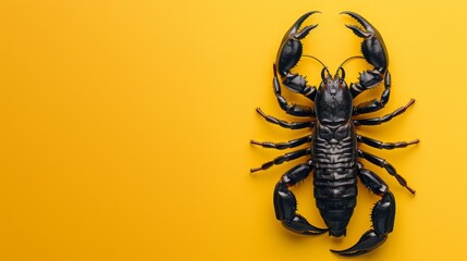 Black scorpion on a yellow background. Dangerous insect. Sting with poison. - obrazy, fototapety, plakaty