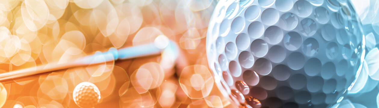 Close-up of a golf ball with the dimpled texture sharply in focus, set against an abstract background of golfing elements like clubs