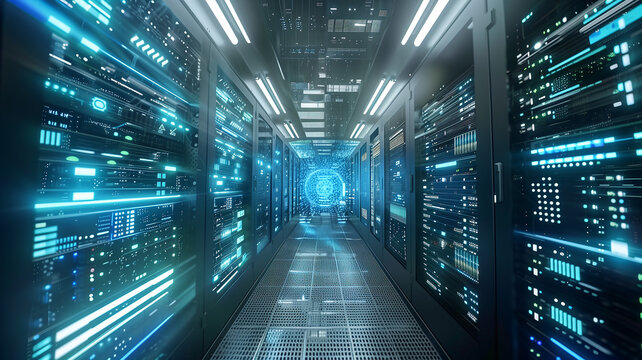 Cybersecurity data center with rows of servers and a holographic interface for monitoring