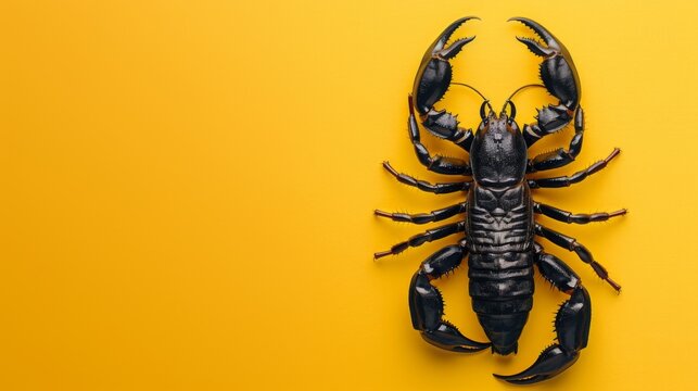 Black scorpion on a yellow background. Dangerous insect. Sting with poison.