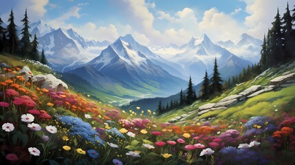 Towering snow-capped peaks standing tall against the blue sky, with a carpet of wildflowers...