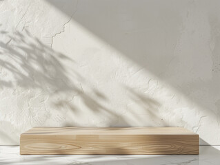 Minimalist wooden counter podium with a pure white stone wall backdrop for a sleek product display, close-up, realistic