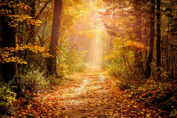 Obraz premium A winding forest path covered in fallen leaves leading to a sunlit clearing
