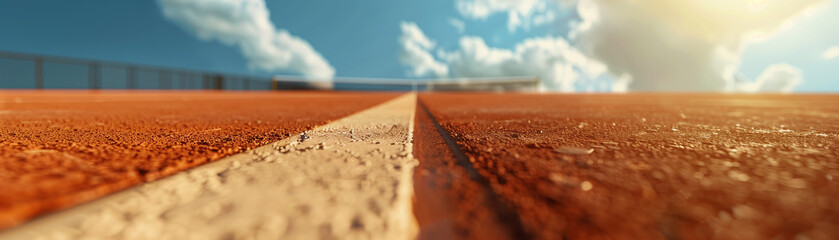 Perspective view of a tennis court from the baseline, focusing on the texture of the surface, leaving ample space in the sky for text - obrazy, fototapety, plakaty